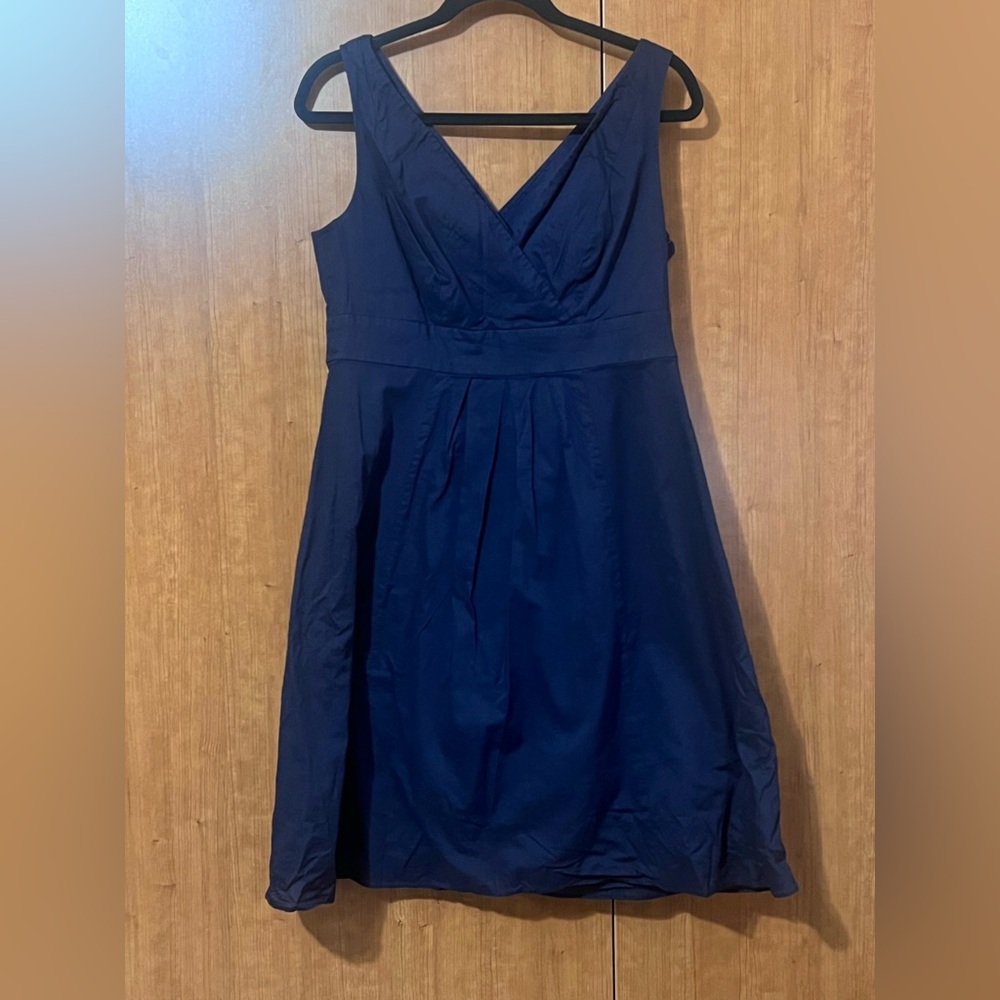 Lands' End Classic Navy Dress Cotton Faux Wrap Midi Fit & Flare V-Nice Size 8